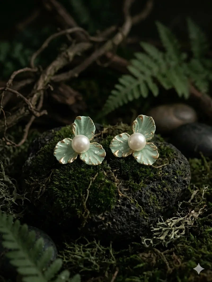 Pearl Floral Stud Earrings with Gold Detailing  Velaora Luxury Jewelry - green by Velaora Jewels